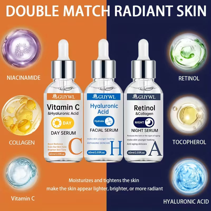 3pcs Day/Night Vitamin C+ Retinol + Hyaluronic Acid Trio Set
