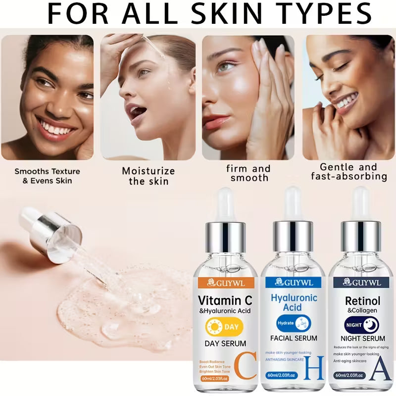 3pcs Day/Night Vitamin C+ Retinol + Hyaluronic Acid Trio Set