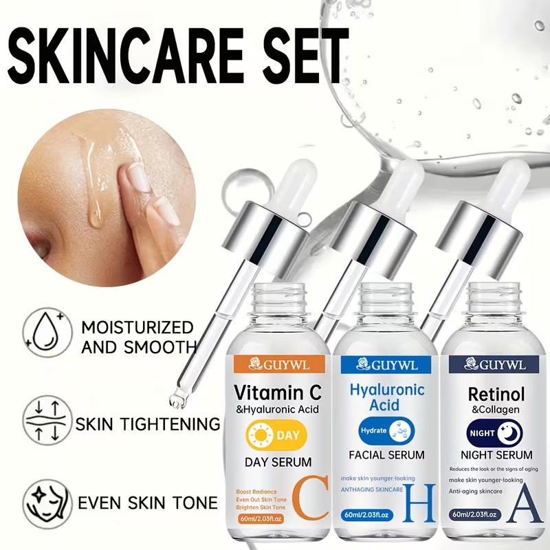 3pcs Day/Night Vitamin C+ Retinol + Hyaluronic Acid Trio Set